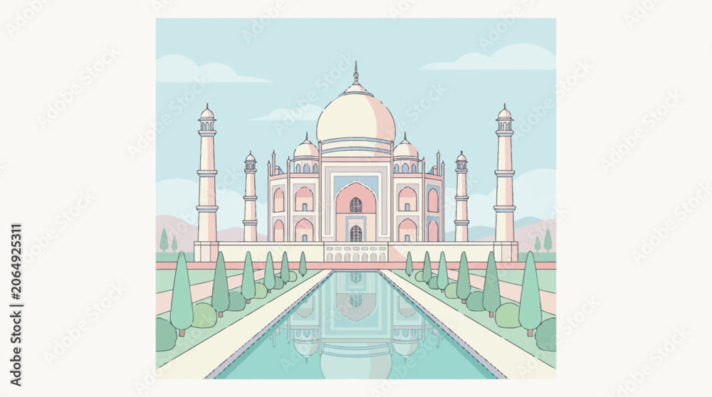 Fototapeta premium Taj Mahal Agra India illustration pink white marble architecture