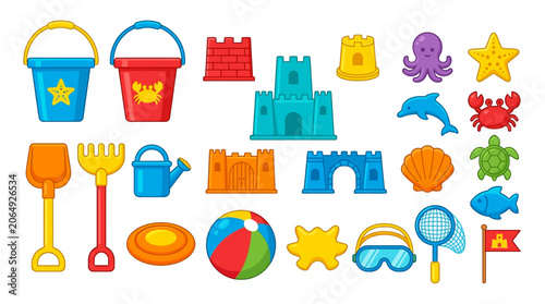 Colorful beach toys and objects.