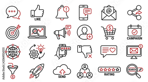 Digital marketing icons and symbols.