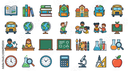 Colorful school icons and objects.