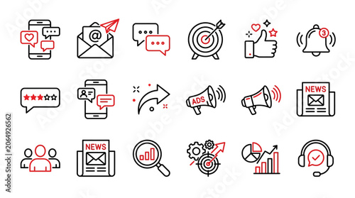 Digital marketing icons and symbols.