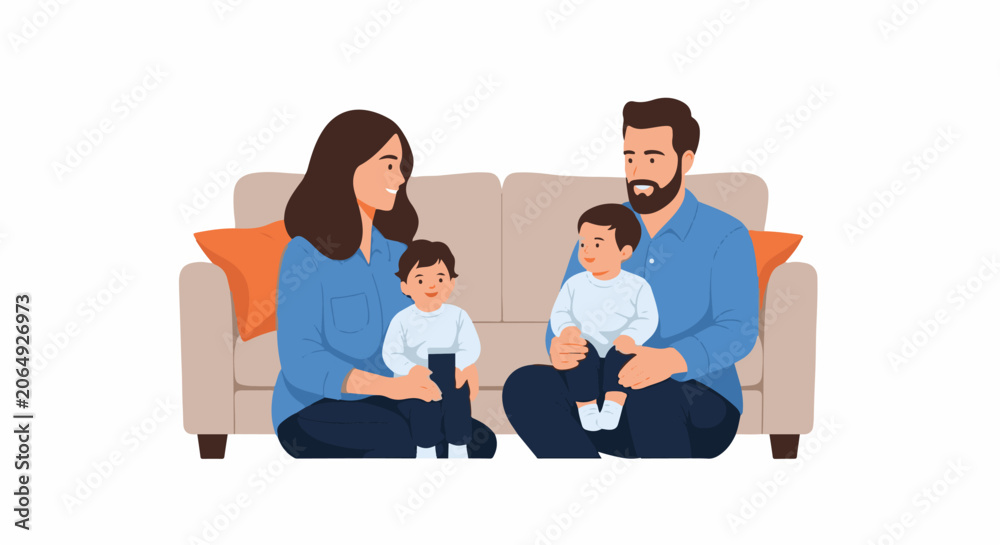 Fototapeta premium A cartoon illustration of a family of four sitting on a couch