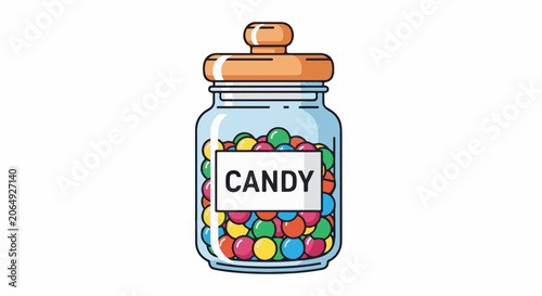 A cartoon illustration of a glass jar filled with colorful candies