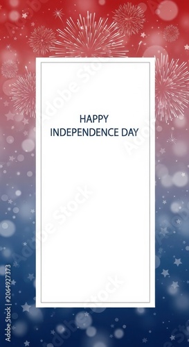 Happy Independence Day vertical banner with fireworks and bokeh lights.
