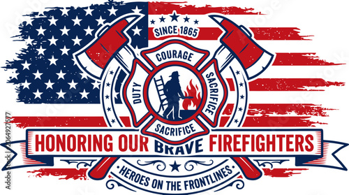 Bild auf Leinwand Patriotic firefighter tribute badge with american flag and axes