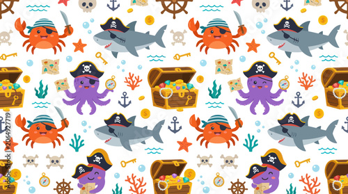 Photography Cute pirate sea animals and treasure chest seamless pattern