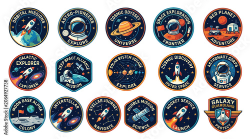Foto Space exploration mission patches with astronauts rockets and planets