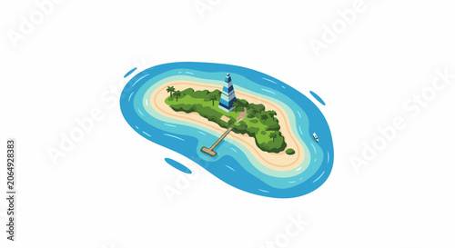 A cartoon island with a lighthouse, palm trees, and a dock