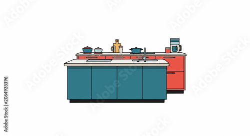 A cartoon kitchen counter with a sink, stove, and appliances is depicted