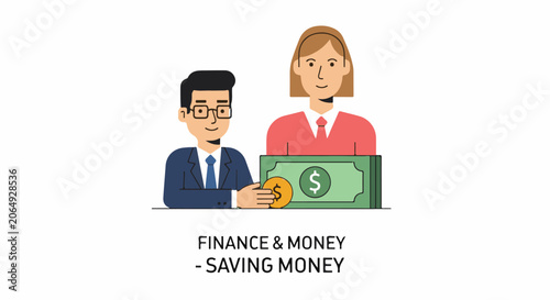 A cartoon man and woman handling money