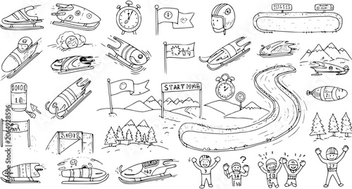 Konstfotografi Winter Sports Bobsleigh and Luge Black  White Line Art Icons: Hand-drawn Doodle Collection of Sleds, Track, Helmets, and Athletes