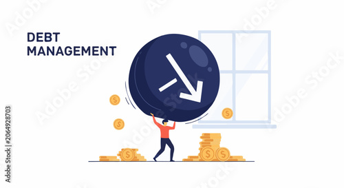 A cartoon man holds up a large coin with a downward arrow