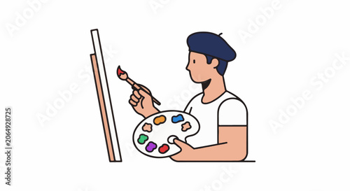 A cartoon man in a beret painting on an easel
