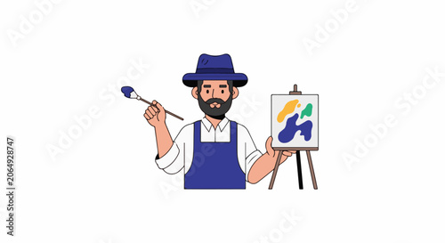 A cartoon man in a blue hat and apron holding a paintbrush and gesturing to a colorful painting on an easel