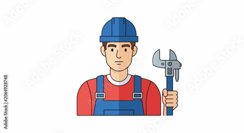 A cartoon man in a blue hard hat and overalls holds a wrench