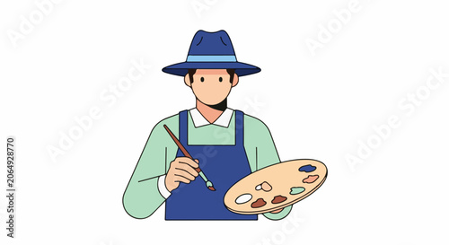 A cartoon man in a blue hat and apron holds a paintbrush and palette