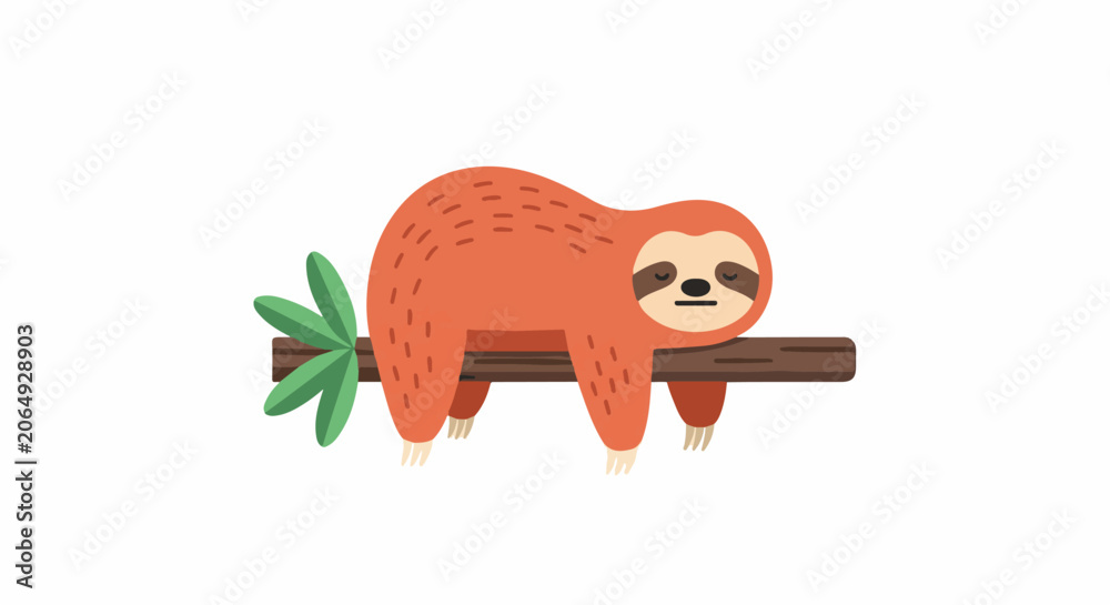 Obraz premium A cartoon sloth hanging on a brown branch with green leaves
