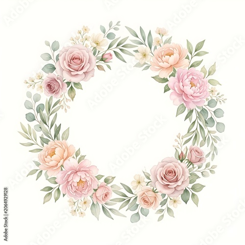 Watercolor Floral Wreath Circle Frame with Soft Pink Roses and Peonies