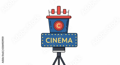 A cartoon-style cinema projector on a stand