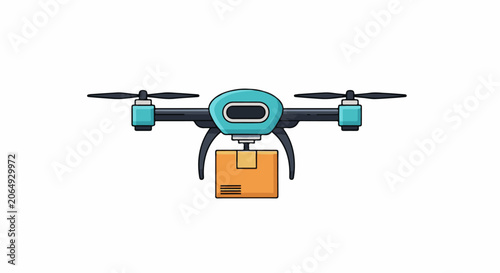A cartoon-style drone with teal accents and black propellers carries an orange package