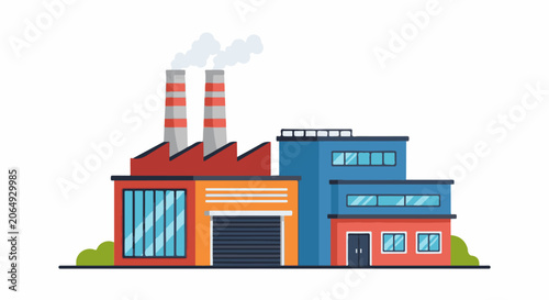 A cartoon-style factory with smoking chimneys and multiple sections, in bright colors
