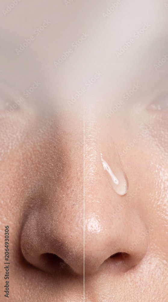 Fototapeta premium Before and after skin recovery concept showing close up of nose area with visible pores, smooth texture, and moisturizing cream, highlighting healthy and hydrated skin