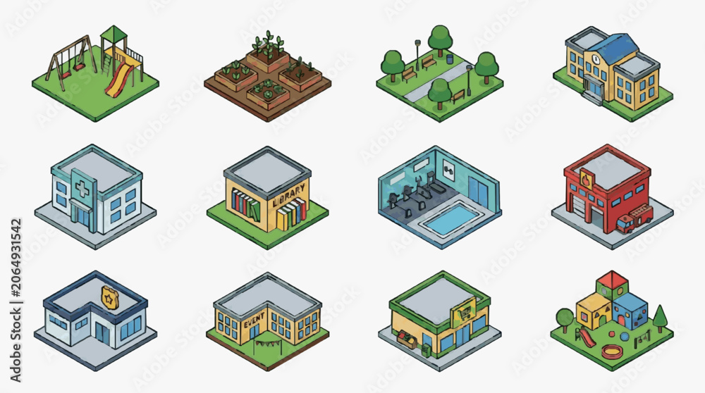Naklejka premium Illustrated Urban Homes and Playground Scenes.