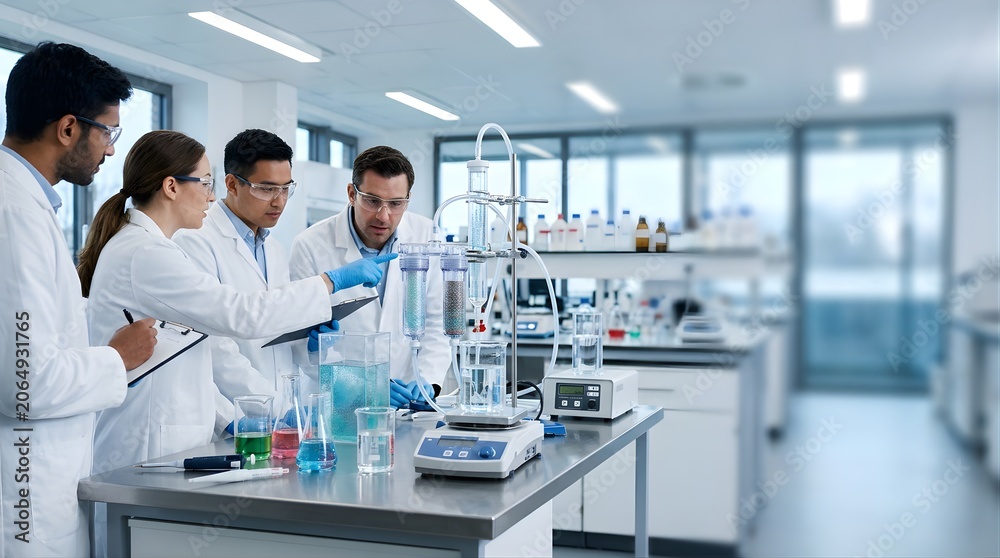 Fototapeta premium Diverse scientists working with water filtration equipment in laboratory
