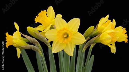 A vibrant bouquet of yellow daffodils blooming against a solid black background