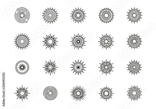 Valokuva 20 Black Line Art Sun and Mandala Icons, Celestial Geometric Symbols