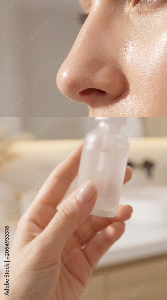Naklejka premium Close up of woman nose with smooth skin, holding small clear glass bottle, skincare routine in bright bathroom, healthy and fresh appearance