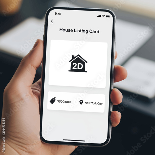 Smartphone displaying a digital house listing card interface.