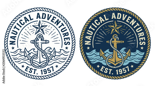 Foto Vintage nautical adventure emblems with anchor rope and ocean waves