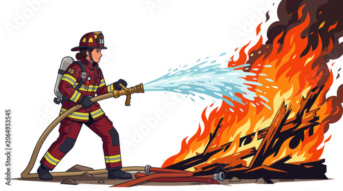 Schilderij op canvas Female firefighter spraying water from a hose to extinguish a blaze