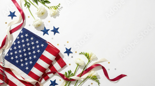 American flag with white flowers and ribbons on white background