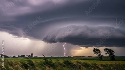 Dramatic lightning strikes over a rural farm landscape during a powerful storm