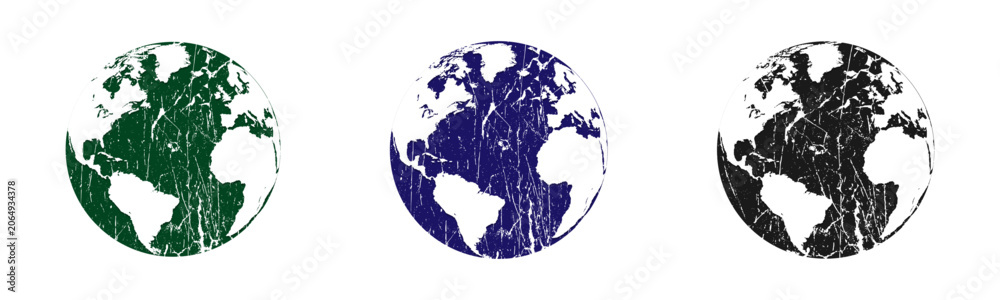 Obraz premium Distressed planet earth globe vector set, grunge world map icon collection, textured global maps