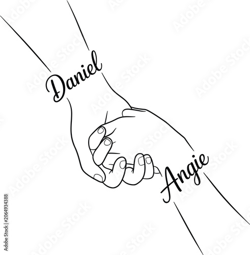 Minimalist Line Art of Two Hands Holding with Names Daniel and Angie