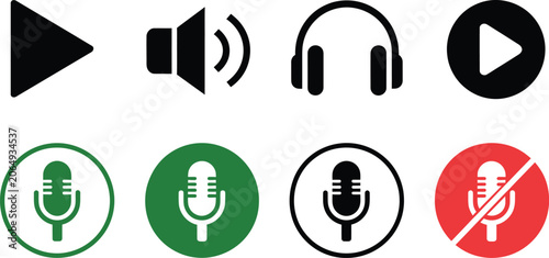 Multimedia and Audio Control Icon Set with Microphone and Play Buttons
