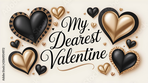 My dearest valentine greeting card with black and gold 3 d hearts, decorative script typography, and glittering border accents