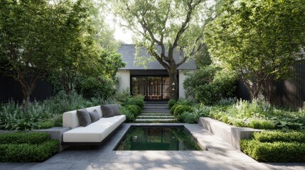 Serene outdoor living space features a modern water feature surrounded by lush, mature landscaping and seating.