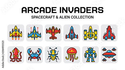 Foto Retro arcade invader spacecraft and alien monster icon collection