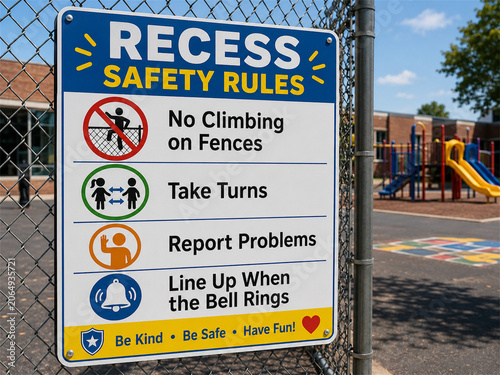 Recess safety rules sign on a playground fence with icons for no climbing take turns report problems and line up when the bell rings promoting safe active school play outdoors every day