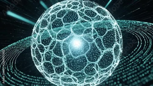 Abstract digital sphere with glowing rings in deep space
