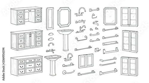 Cuadro en lienzo Vintage bathroom furniture and fixtures collection, retro interior design elemen