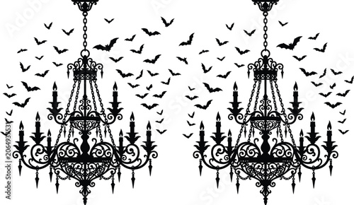 Canvastavla Ornate chandeliers with bats black silhouette on white background