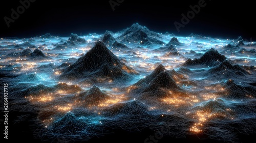 Digital landscape displays illuminated terrain contours under a dark sky