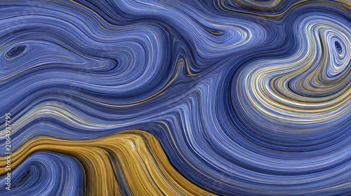 Dynamic abstract swirling lines present a richly textured background in shades of indigo and gold