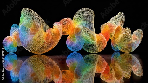 Interconnected luminous mesh structures display a vibrant spectrum of rainbow colors upon a dark reflective surface