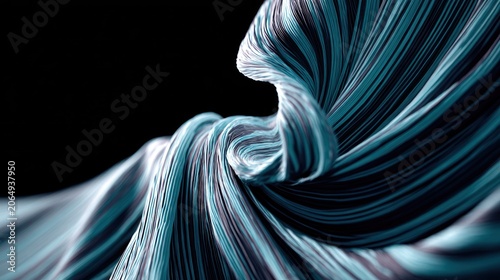 Abstract swirling pattern composed of fine, flowing lines in deep teal and white against a dark background